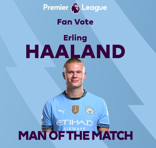 打進(jìn)致勝球！英超官方：哈蘭德當(dāng)選曼城1-0熱刺全場最佳球員